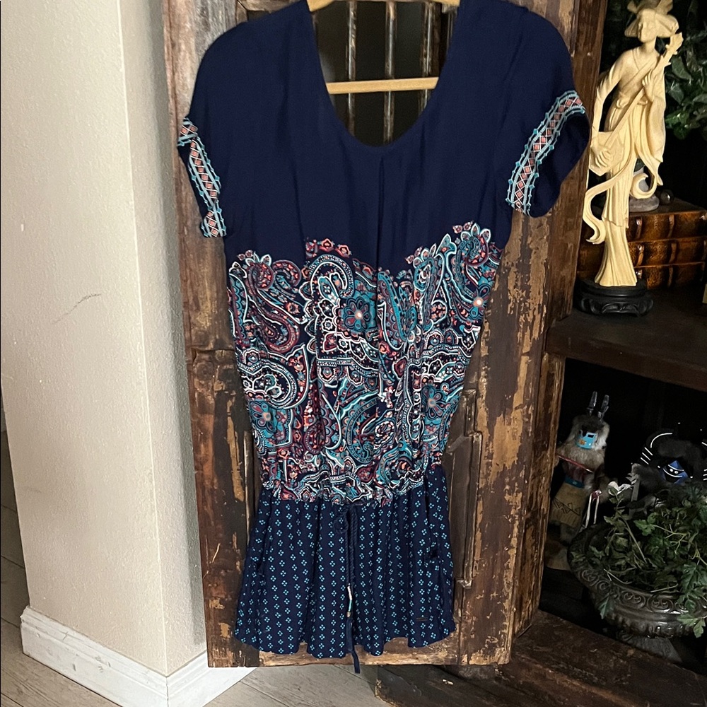 Roxy Navy Mixed-Paisley Short Sleeve Tunic